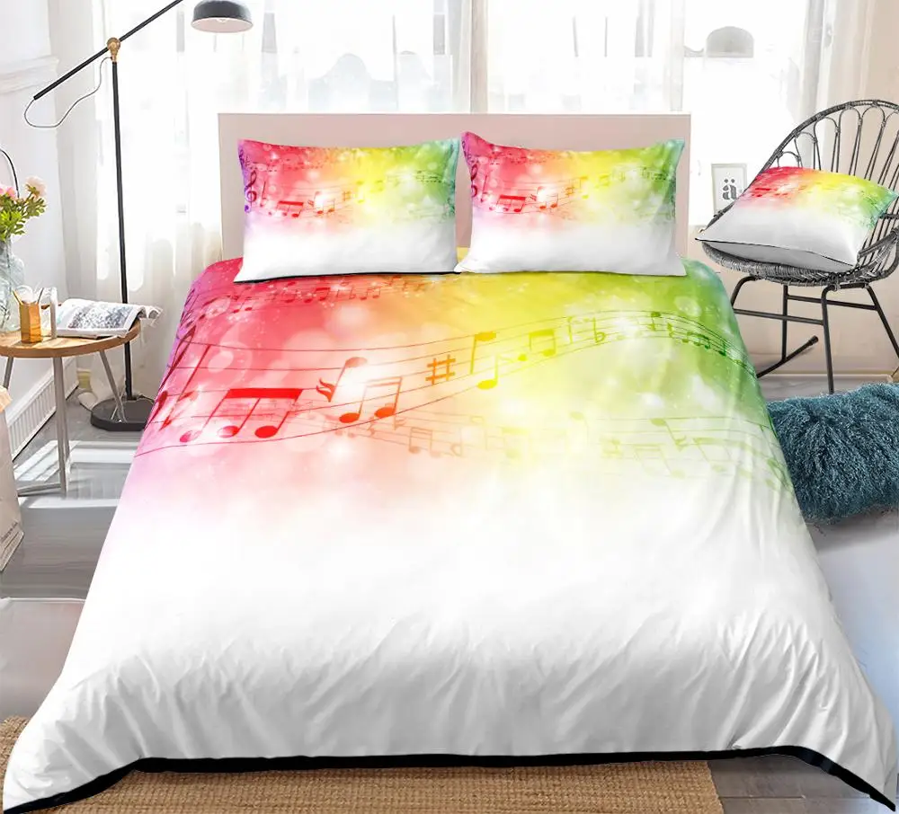 

Rainbow Music Notes Bedding Colorful Piano Keyboard Treble Clef Bed Set White Duvet Cover Set Music Quilt Cover Queen Dropship