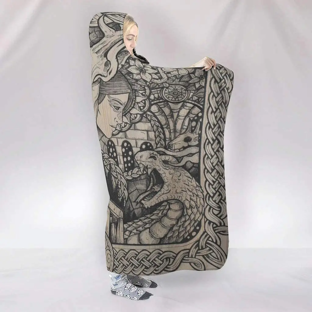 Traditional Viking Two Worlds Sketched Norse Man Animal Fantasy Print Hooded Blankets Magical Plush Sherpa Hood 60x80 Inch