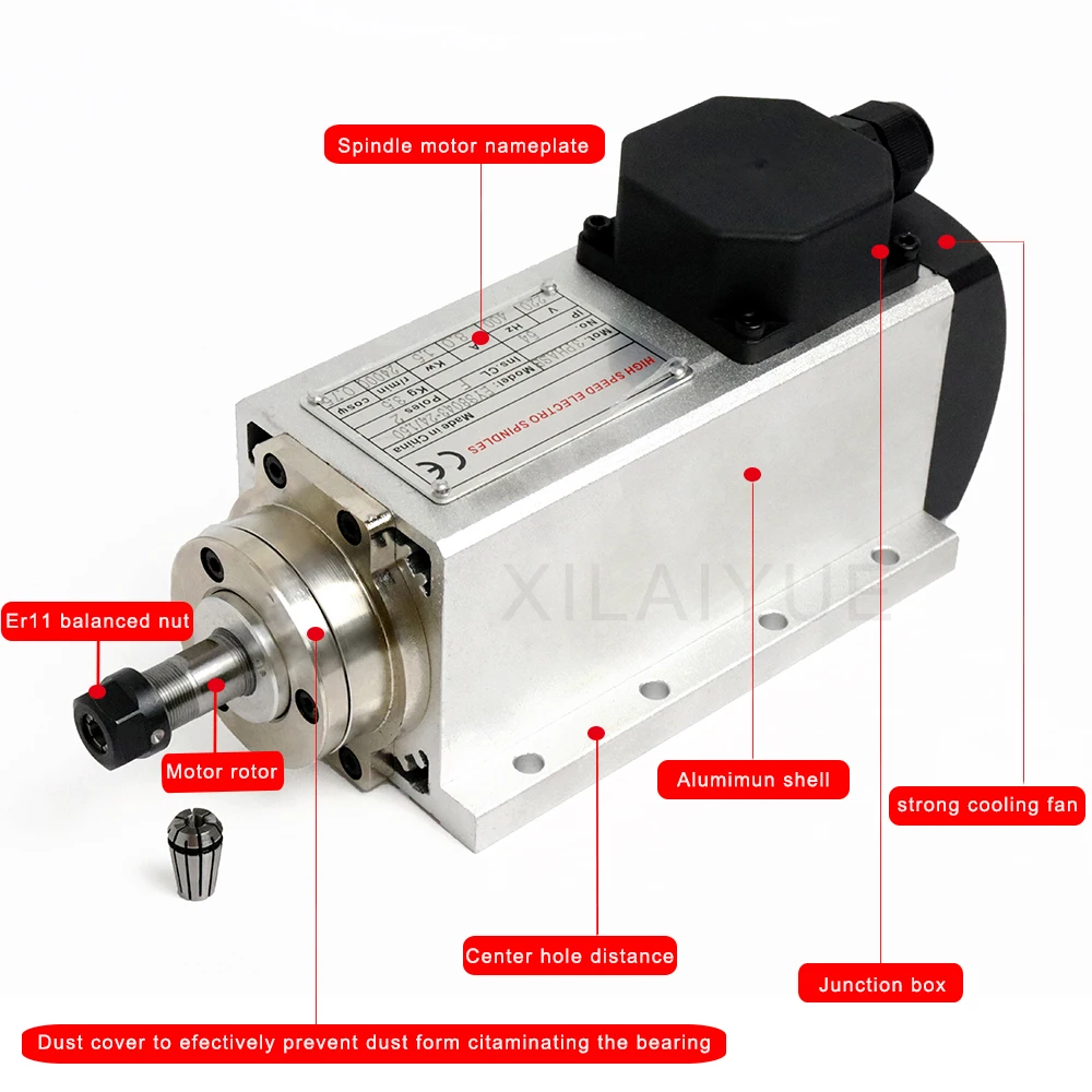 Updated CNC 1.5kw 220v/110v Square Air Cooling Spindle ER11 1500W Air-Cooled Milling Spindle+ 13Pcs ER11