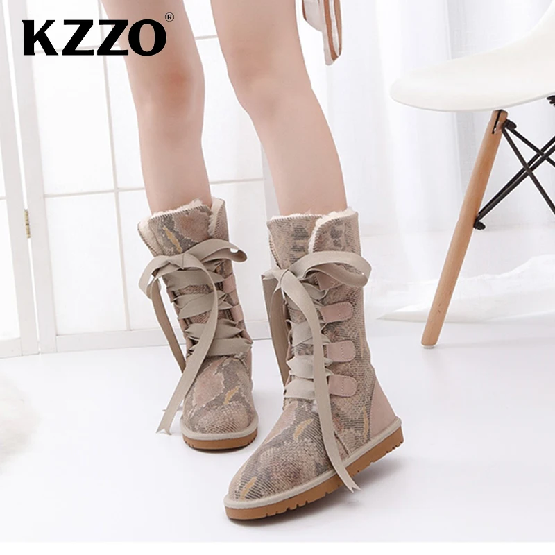 KZZO Top Quality Natural Wool Lined 100% Genuine Leather Winter Snow Boots For Women Casual Knee-high Boots Warm Shoes Non-slip