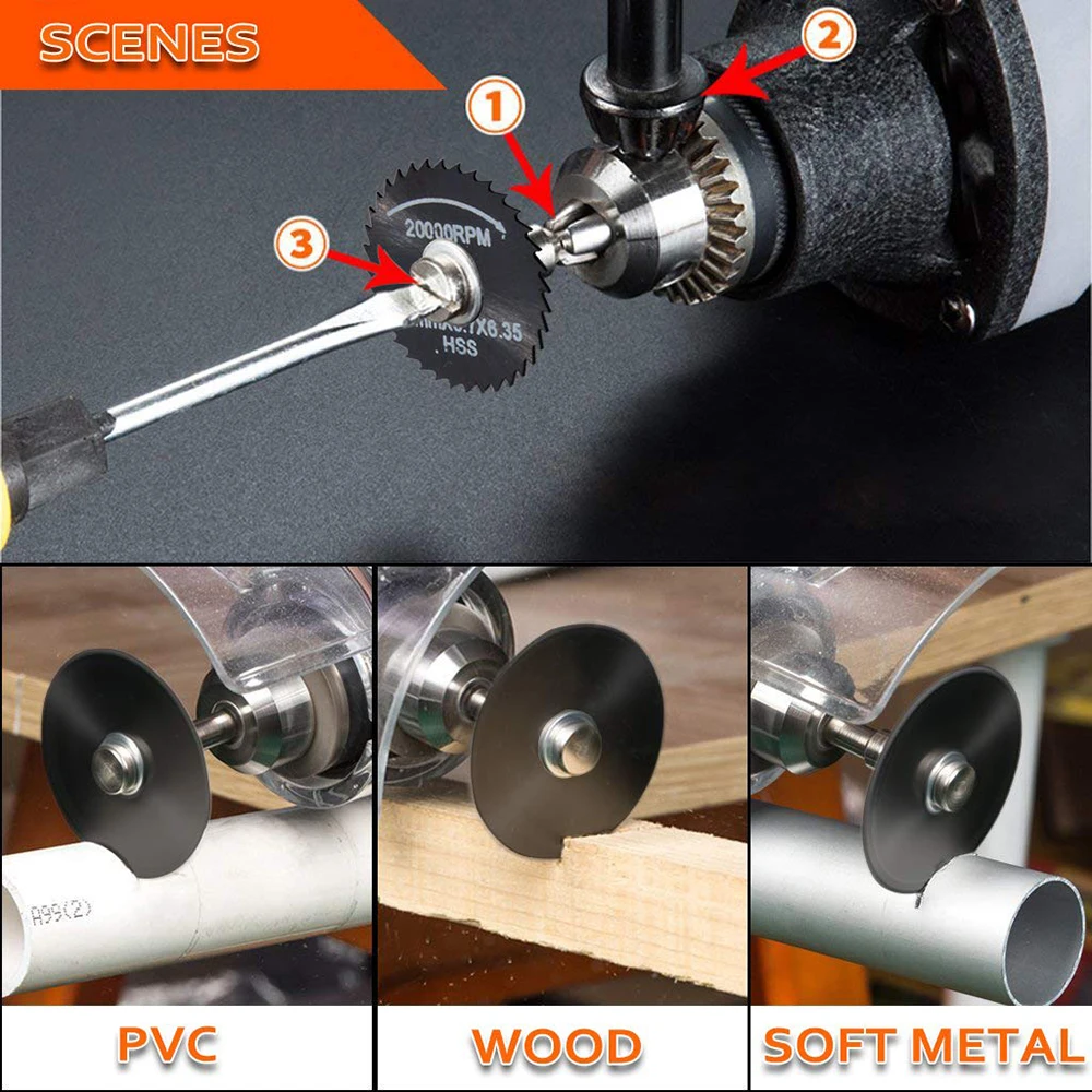 7pc Metal Circular Saw Disc Wheel Blades Shank High Speed Steel Mini Saw Blades with Mandrels Drill Warehouse Rotary Wood Cutout