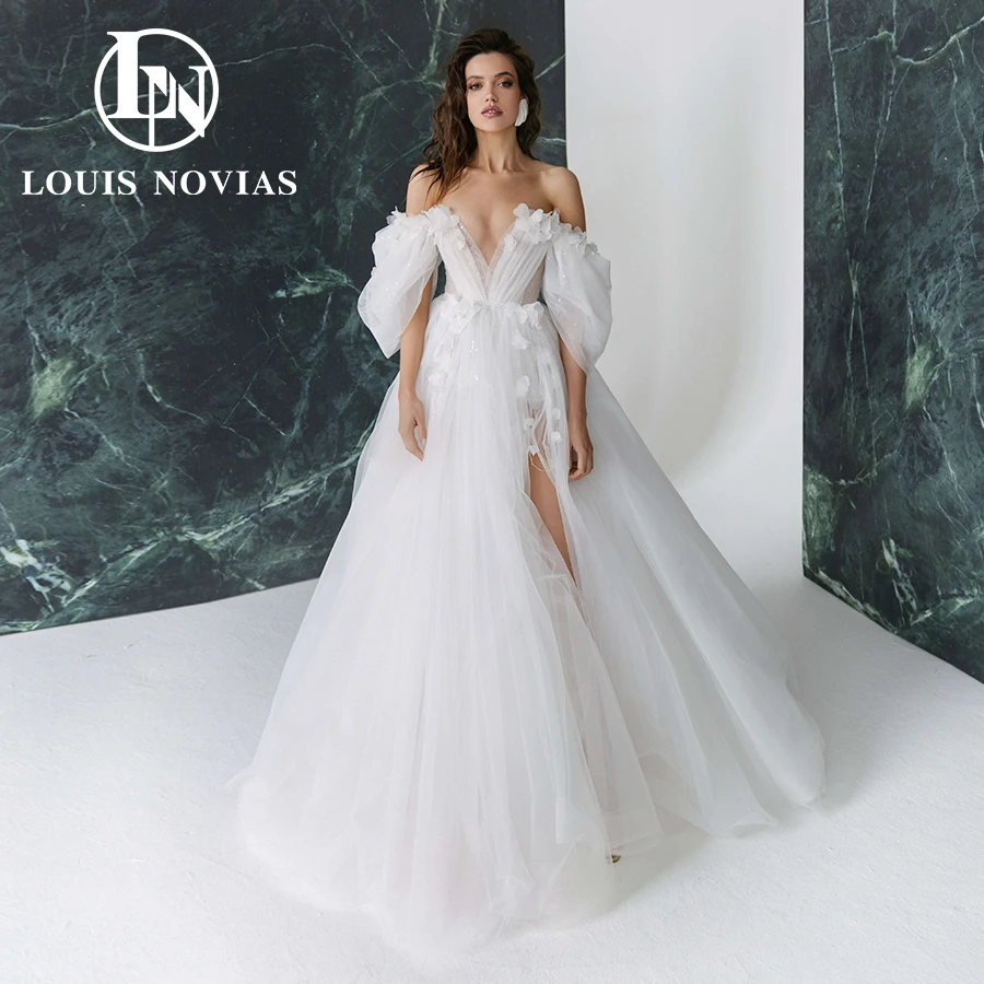 LOUIS NOVIAS A-Line Wedding Dress Elegan Vestidos De Novia Off Shoulder Slit-Hem Bridal Gown Illusion Flower Flowy Bride Dresses