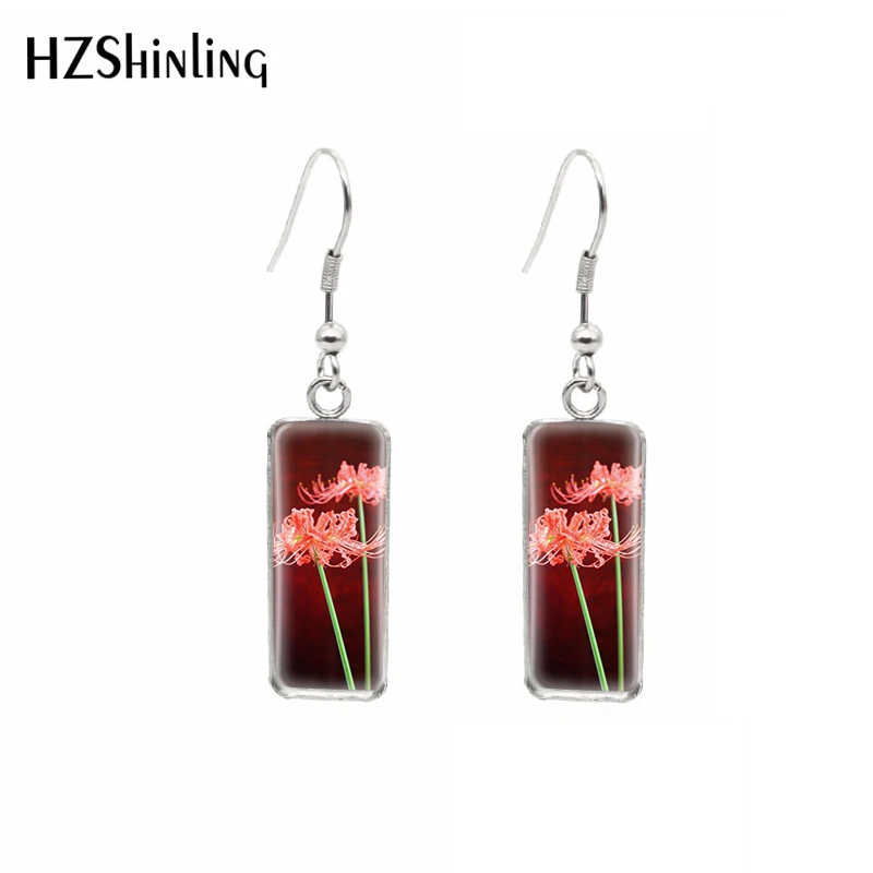 2021 Red Flower Life Destiny Higanbana Stainless Steel Rectangle Hook Dangle Drop Earrings Glass Cabochon Ear Jewelry