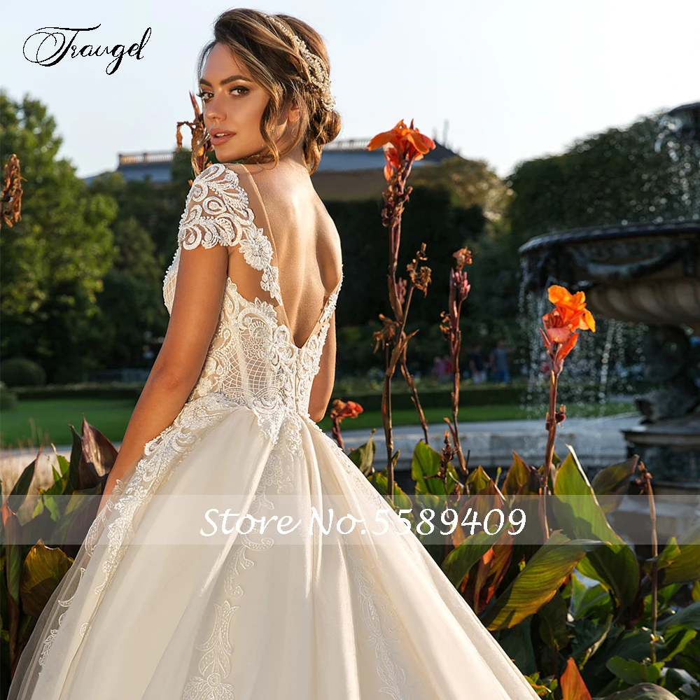 Robe de Mariée Trapèze en Dentelle Personnalisée, Tenue à Manches Courtes, Dos aux, avec Traîne, Grande Taille, pour Patients