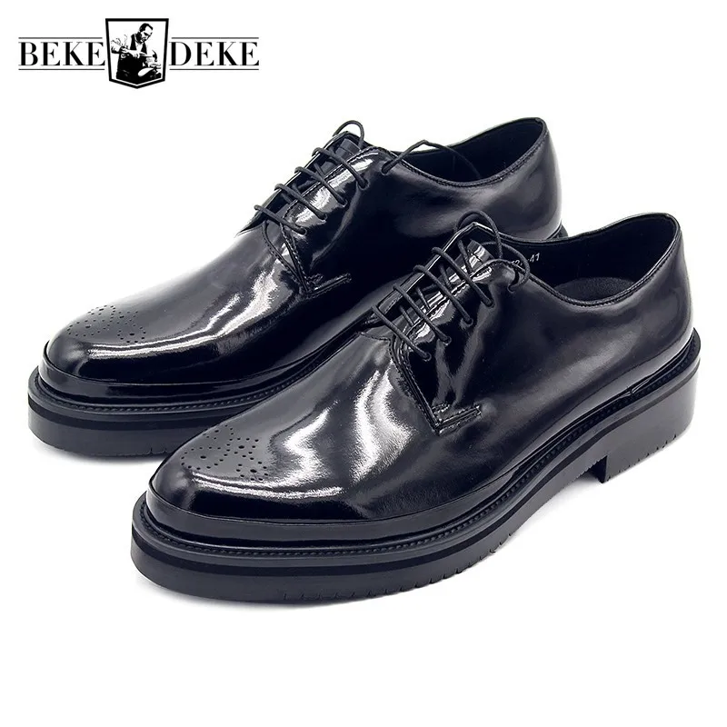 

Thick-Sole Platform Leather 2023 Shoes Men Brogue Pointed Toe Shoes Carved Cow Leather Male Derby Shoes Party Office Footwear