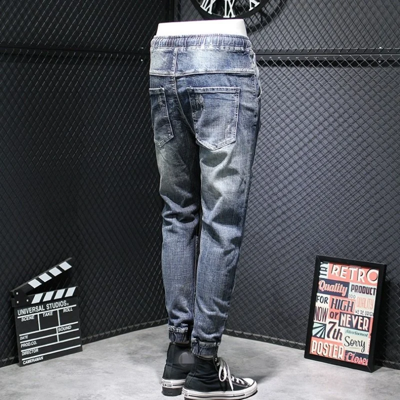 

Splice Fashion Jeans Men Loose Drawstring Casual Harem Pants Winter Japan Style Thick Warm Blue Denim Trousers Plus Size 42