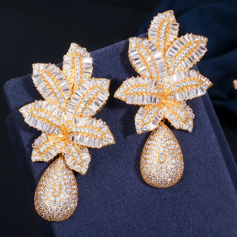 CWWZircons 3 Tone Gold Color Luxury Large Leaf Drop Flower Micro Cubic Zirconia Pave Naija Wedding Party Earring for Women CZ644