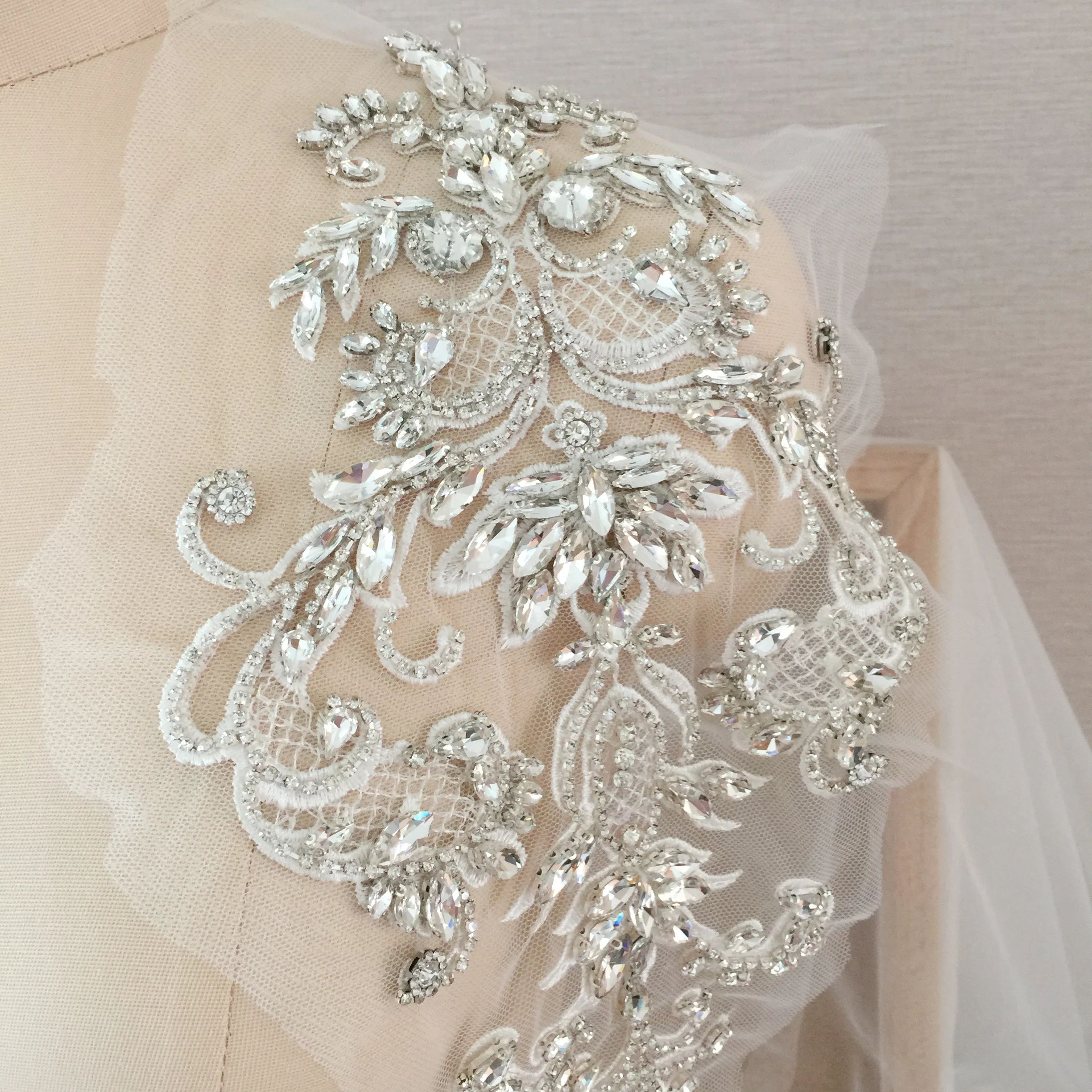 Rhinestone Applique,Clear Crystal Addition ,Beading Patch Sparkling Accents for Bridal Dresses Party Costumes