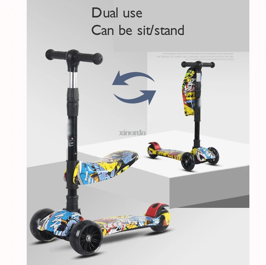 Scooter de pontapé ajustável para crianças, assento dobrável, piscando 3 rodas, scooters, skate City Roller, presentes para crianças, 3 em 1