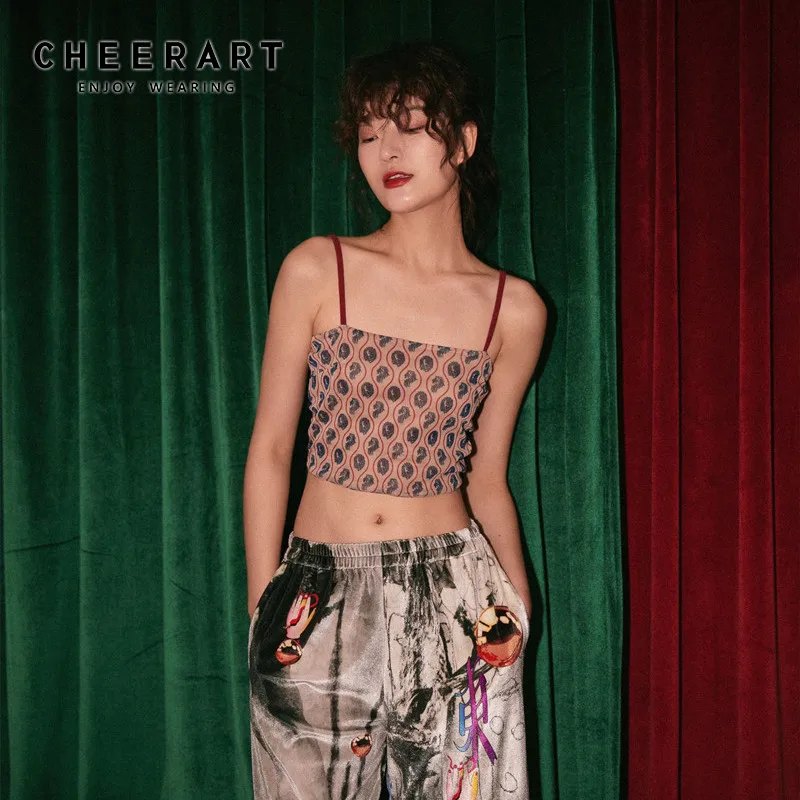 CHEERART Mesh Crop Top Women Spaghetti Strap Cami Bustier Top See Through Red Sexy Summer Spring Ladies Top Fashion