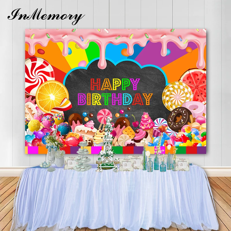 Inmemory Candy Ice Cream Donut Party ฉากหลังการ์ตูนสีชมพู Slime สาววันเกิดการถ่ายภาพพื้นหลังโต๊ะแบนเนอร์