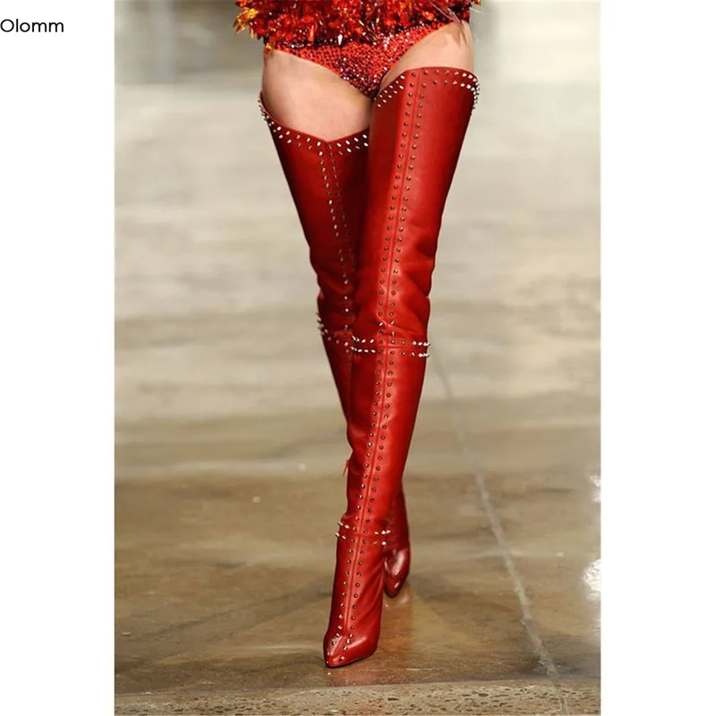 

Olomm Hot Handmade Women Thigh High Studded Boots Sexy Stiletto Heels Pointed Toe Gorgeous Red Party Shoes Women US Size 5-15