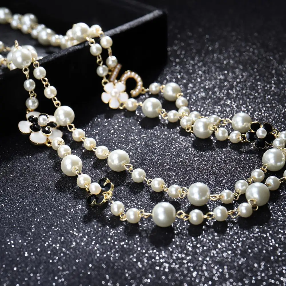Long Simulated Pearl Necklace For Women No.5 Double Layer Pendant Long CC Necklace Sweater Chain Party Camellia Nacklace