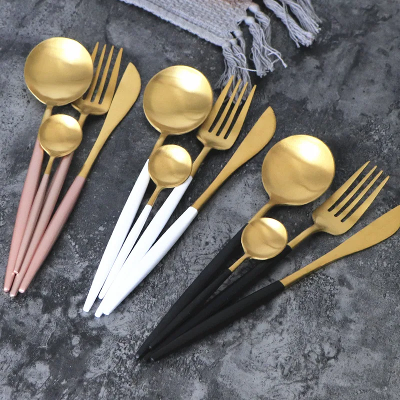 

Hot Sale Cutlery Set Black Gold Fork Spoon Knife Set Stainless Steel Dinnerware Travel Tableware Set for Wedding Dropshipping