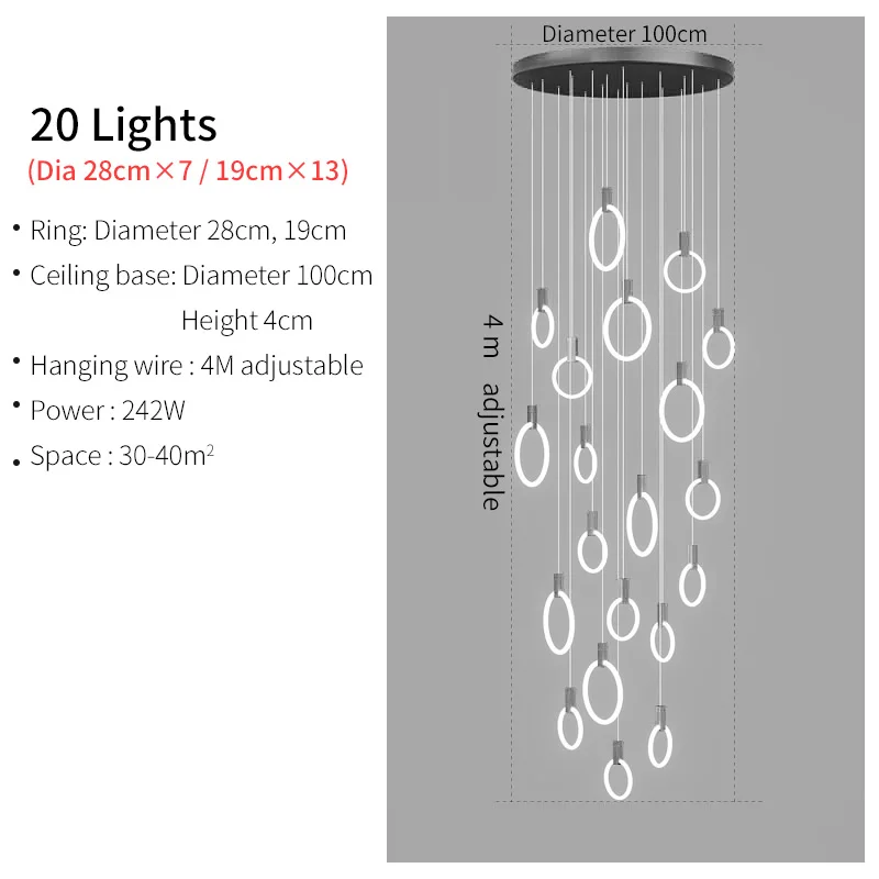 Nieuwe moderne zwarte LED-kroonluchter trapverlichting voor trap grote kroonluchter Lobby Villa Decoratie ringkroonluchter