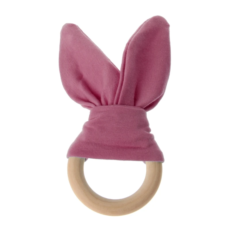 Bunny Ear Teether Fabric Wooden Teething Ring With Crinkle Material Shower Gift