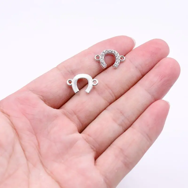 Hot Silver Color Horseshoe Rhinestone Connectors Charms for Bracelets Making DIY Novelty Jewelry Accessories Factory Price