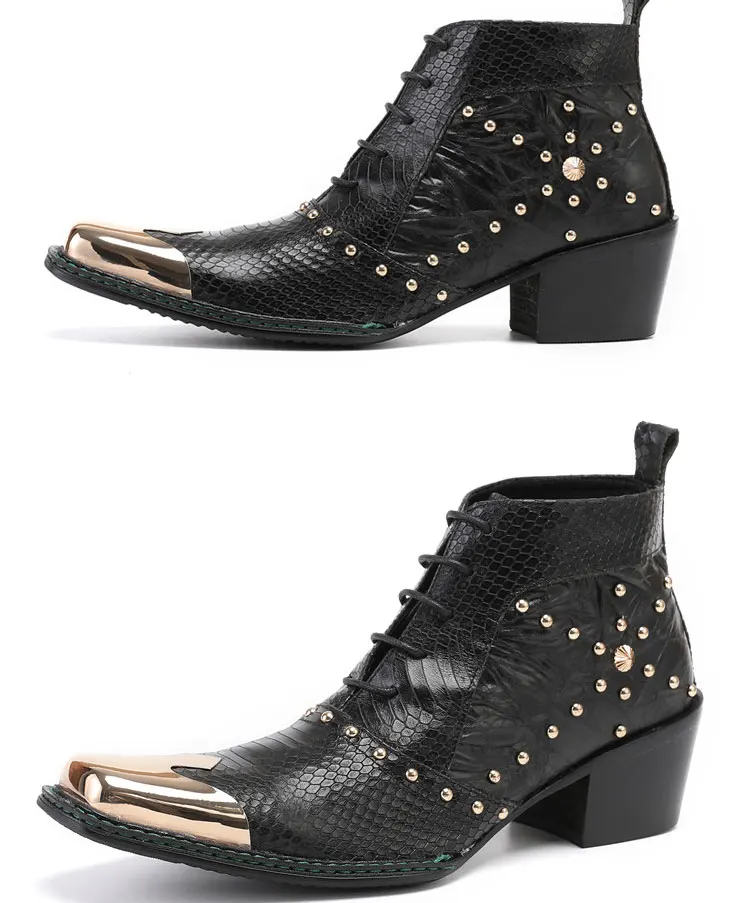Men's Cowhide Serpentine Print Metal Decor Pointed Toe Belt High‑Heel Short Boots Western Cowboy Boots For Stage Show Party