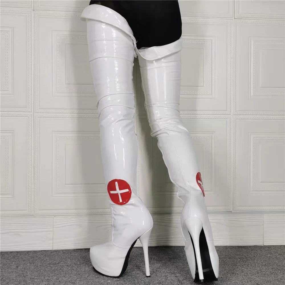 Turnover Edge Solid White New Round Big Toe Boots Fashion Platform Thin High Heel Over the Knee Boots Women Shoes Big Size 47