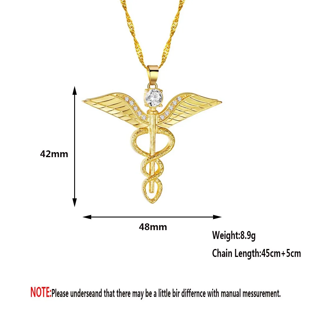 Angel\'s Wings Necklace Women Moissanite Snake Ouroboros Magic Wand Caduceus Emergency Medical Medical Doctor Nurse Jewelry