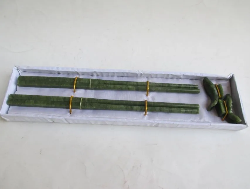 8.47 inch / Two Pair of Elaborate 100% natural jade chopsticks and Carp stood