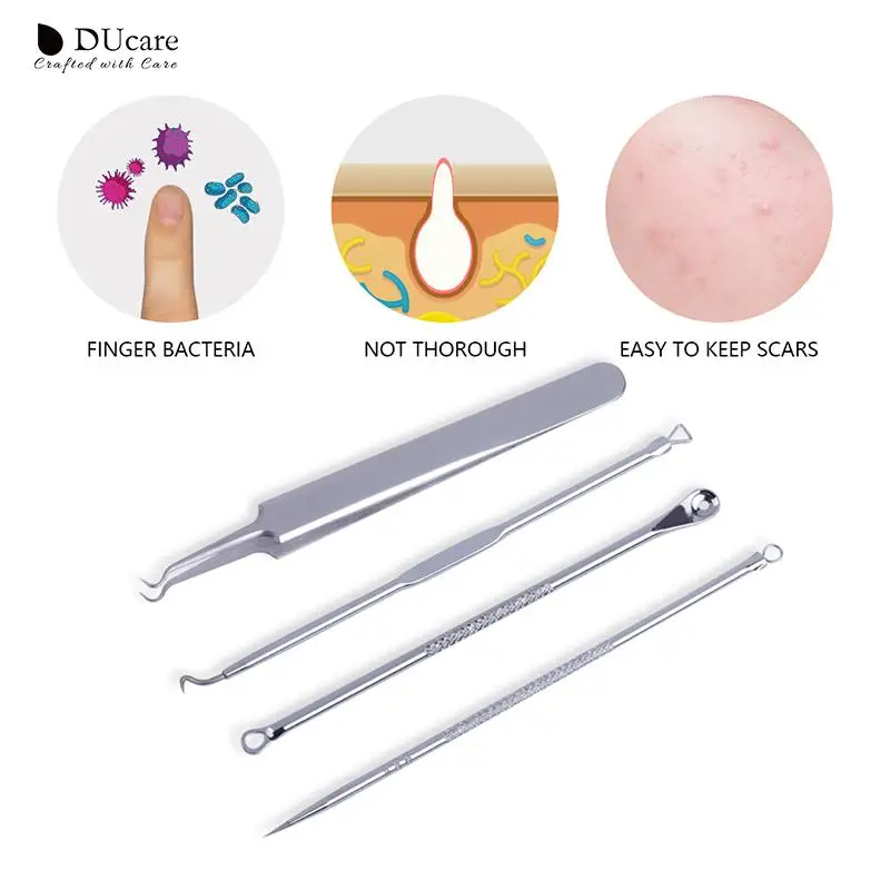 DUcare 4pcs/set Blackhead Comedone Acne Pimple Blackhead Remover Tool Spoon for Face Skin Care Tool Needles Facial Pore Cleaner