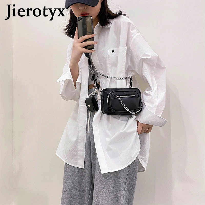 JIEROTYX 2021 Solid Black Women Messenger Bags Gothic Style Female Shoulder Bags Chains Versatile Concise Fashion Brands Designs