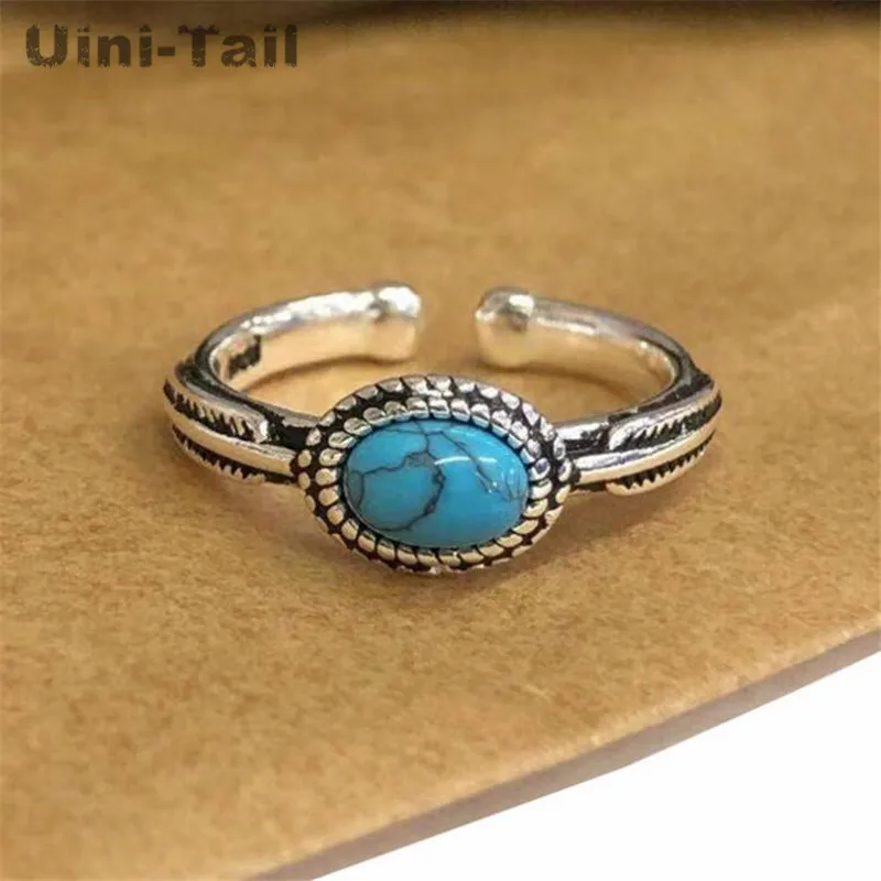 Uini Tail new design hot sale 925 Tibetan silver art oval open ring blue turquoise retro fashion trend high quality jewelry