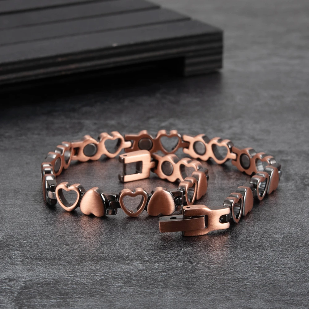 Magnetic Bracelet for Women Heart Pure Copper Energy Bracelet Healing Chain Link Vintage Magnetic Copper Bracelets Therapy Arthr