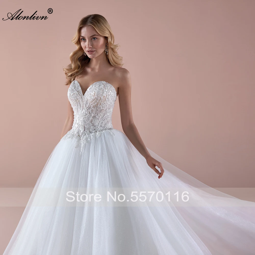 Alonlivn Elegant Style Ball Gown Wedding Dresses Sweetheart Silky Tulle Beading Pearls Lace Bridal Skirts