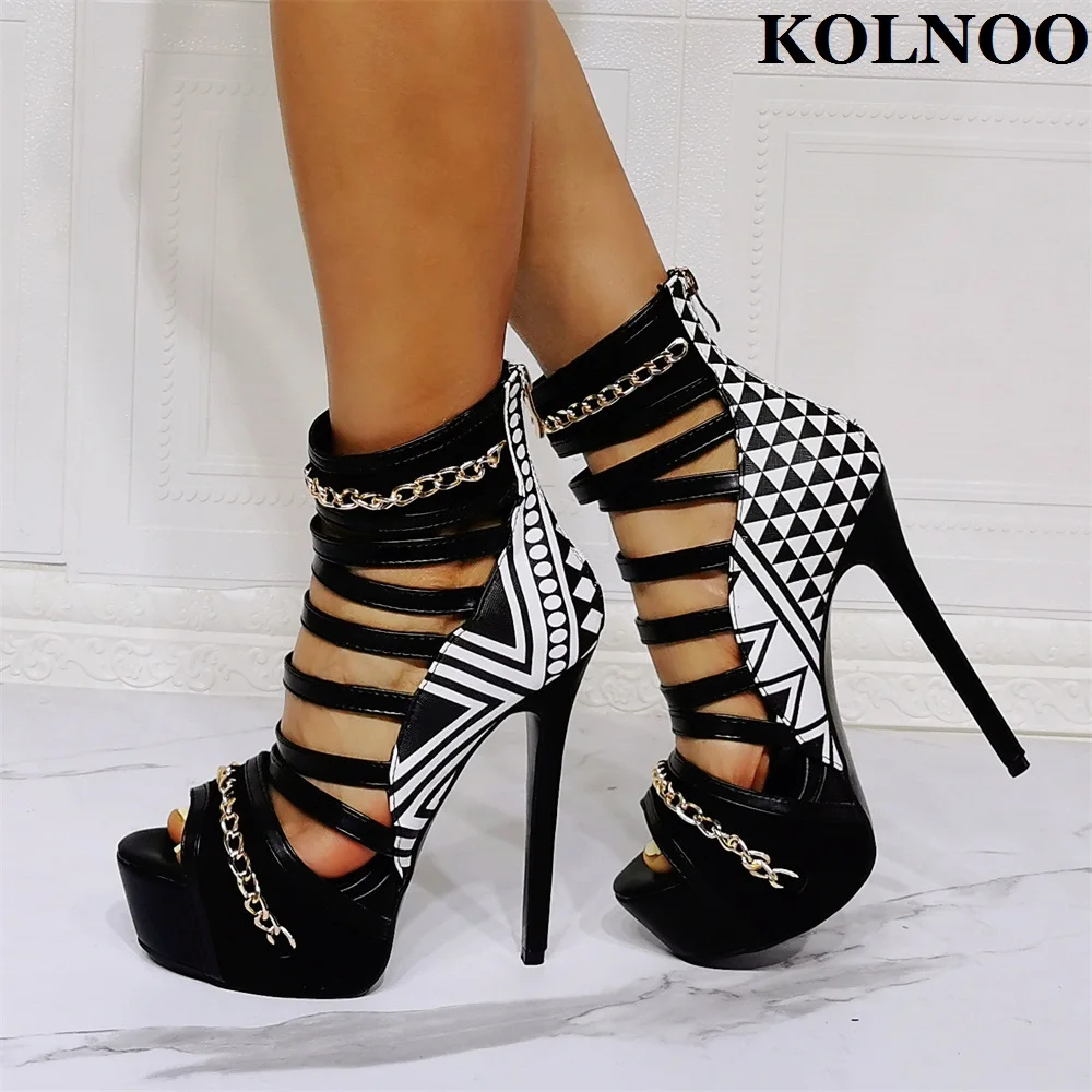 Kolnoo New Classic Large Size Handmade Ladies High Heel Sandals Peep-toe Sexy Summer Platform Evening Club Fashion Black Shoes