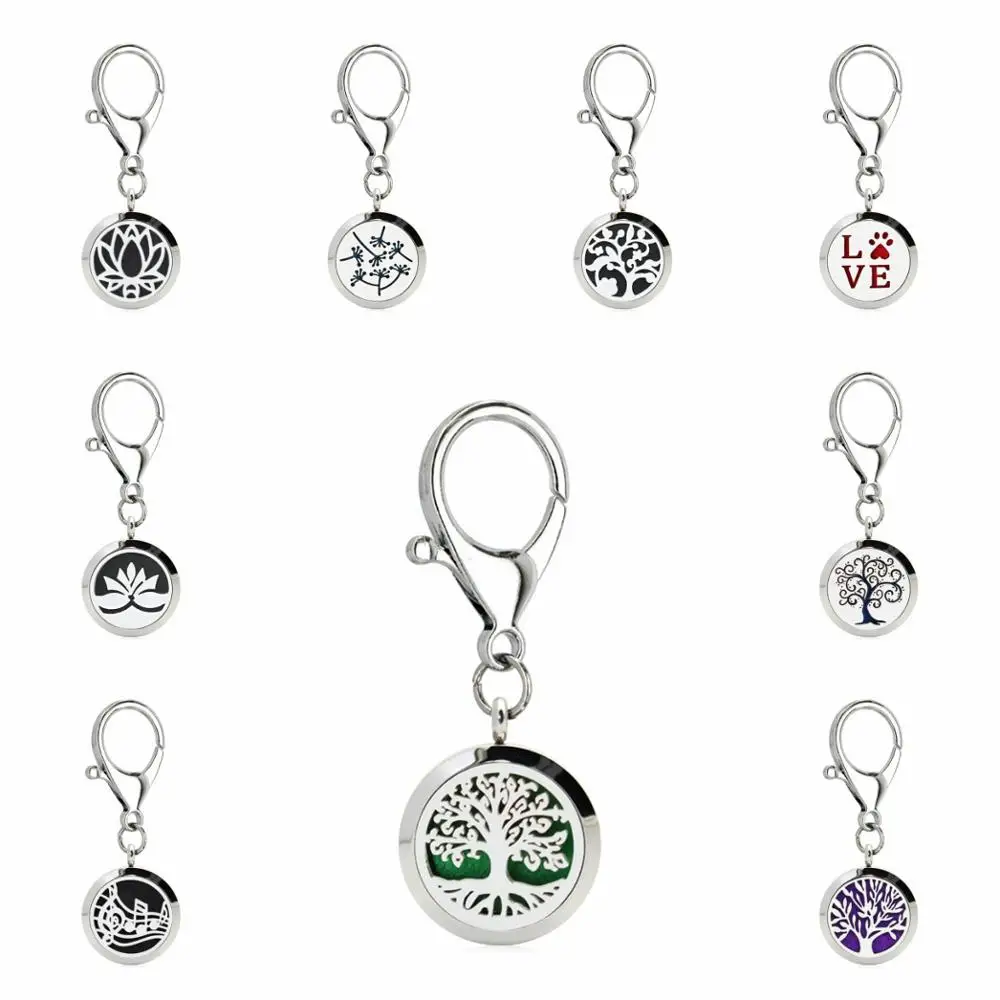 Tree of Life  Keychain 25mm Stainless Steel Jewelry Making Diffuser Locket Essential Oil Keyrings Key Chain 10pcs Pads Gift