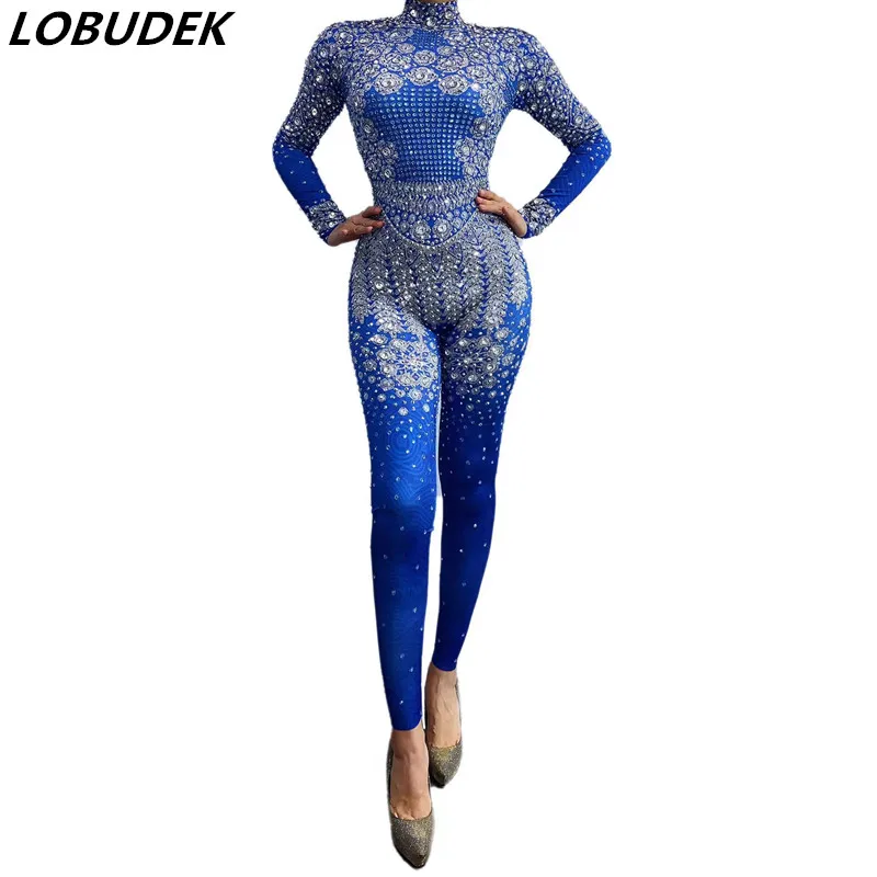 

Vintage Blue Silver Rhinestones Jumpsuit Women Birthday Celebrate Evening Party Singer Rompers Nightclub Bar Stage Wear