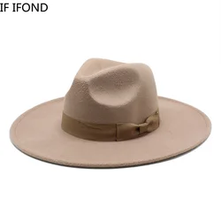 2022 neue Britischen Stil Männer Frauen Winter Filz Fedoras Kappe 9,5 cm Große Breite Krempe Derby Hochzeit Kirche Jazz Hüte