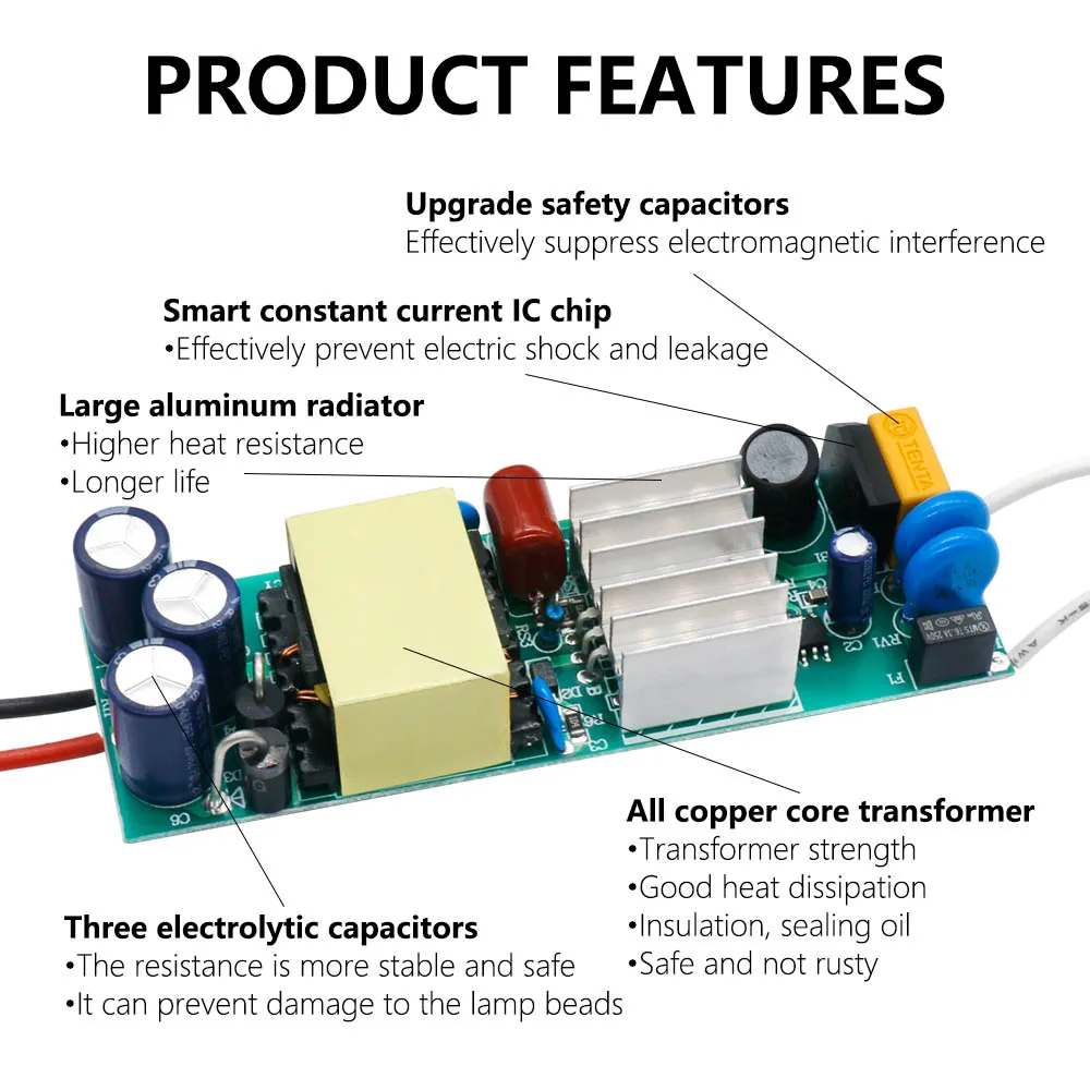 LED Driver 50W 24-46V 1500mA Power Supply Constant Current Control Lighting Transformers Bare board With Heat Dissipation DIY