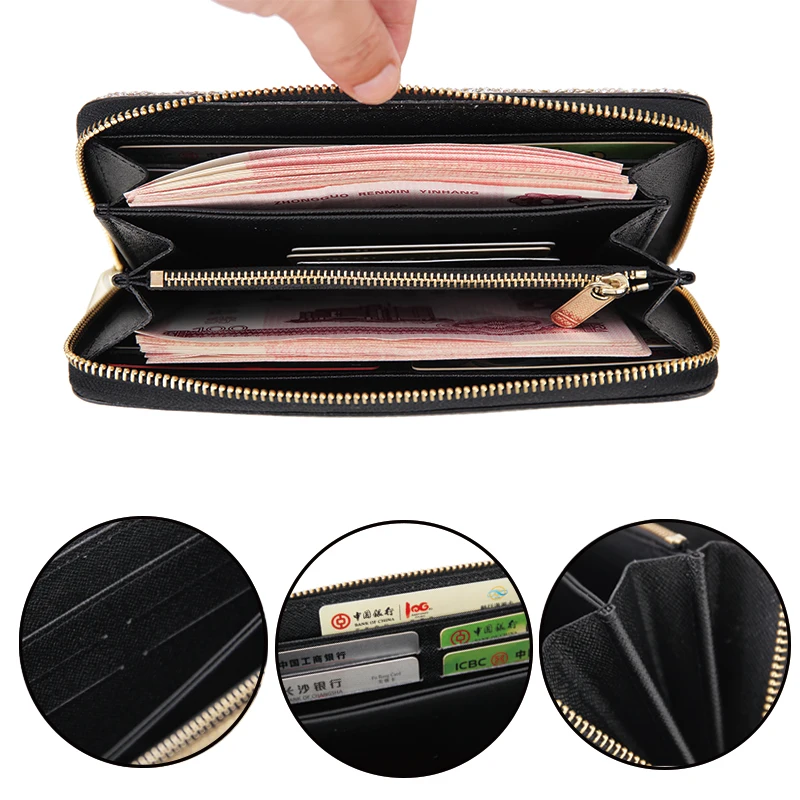 Luxury Color Diamond Genuine Leather Women Long Zipper Coin Purses Black Design Clutch Wallet Female Money Credit Card Holder