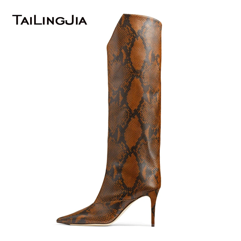 Snake Print Knee High Boots 2021 High Heel Long Boots Women Fashion Winter Shoes Woman Mid Heel Ladies Tall Boot Brown Big Size