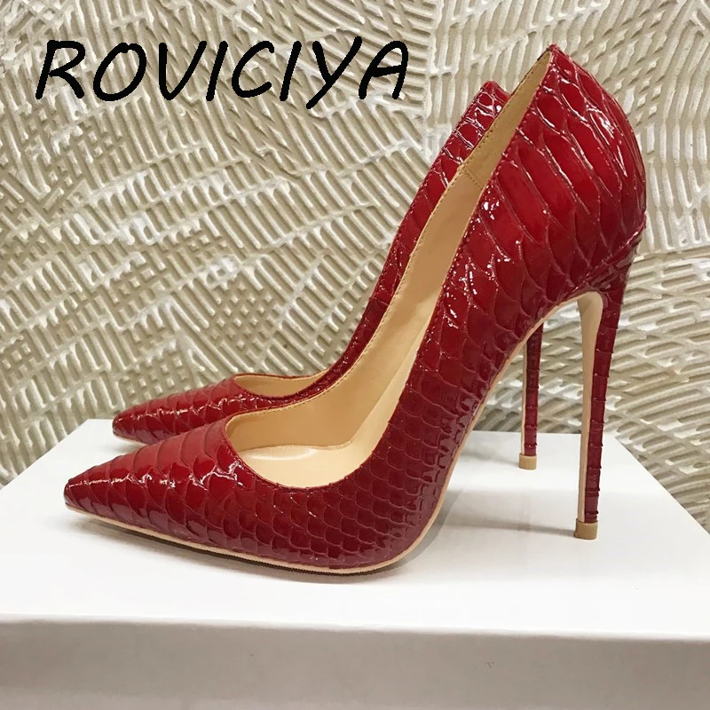 Roviciya sapatos de salto alto 12cm, sapatos elegantes de bico fino vermelho para festa feminina qp073