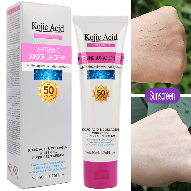 Kojic Acid Collagen Sunscreen Cream Whitening Concealer Isolation UV Moisturizing Skin Care Waterproof Long Lasting SPF50