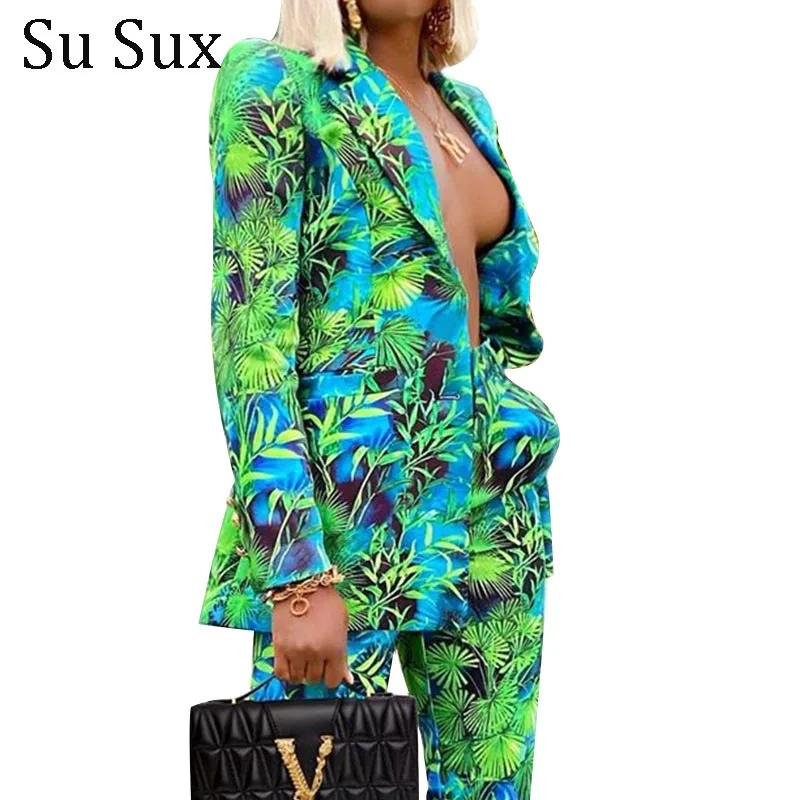 2020 Print Two Piece Set Women African Clothes Long Sleeve Blazer Top&Long Pants Set Tracksuit Temperament Ouutfits Vestidos