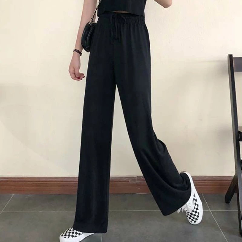 Wide Leg Pants Women Pure Black Lace-up Korean Style Loose Leisure High Waists Female Spring Long Daily Trousers Streetwear Fall