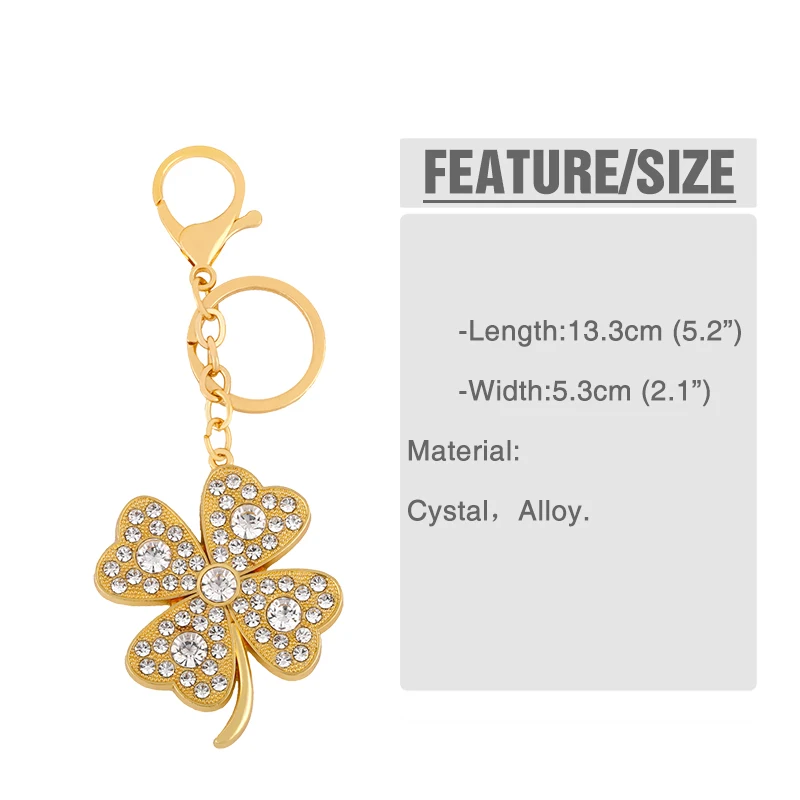 Gold Color Big Leaf Clover Keychains Pendant Charms Micro Paved Crystal Key Chain Accessories Key Ring Holder Bag Car kcha03