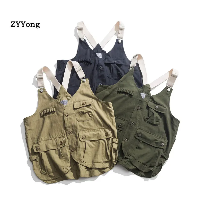 Fashions Korean Style Vest Men Streetwear High Quality Hip Hop Sleeveless Jacket Military Tooling Multi-Pocket Tactical Coat