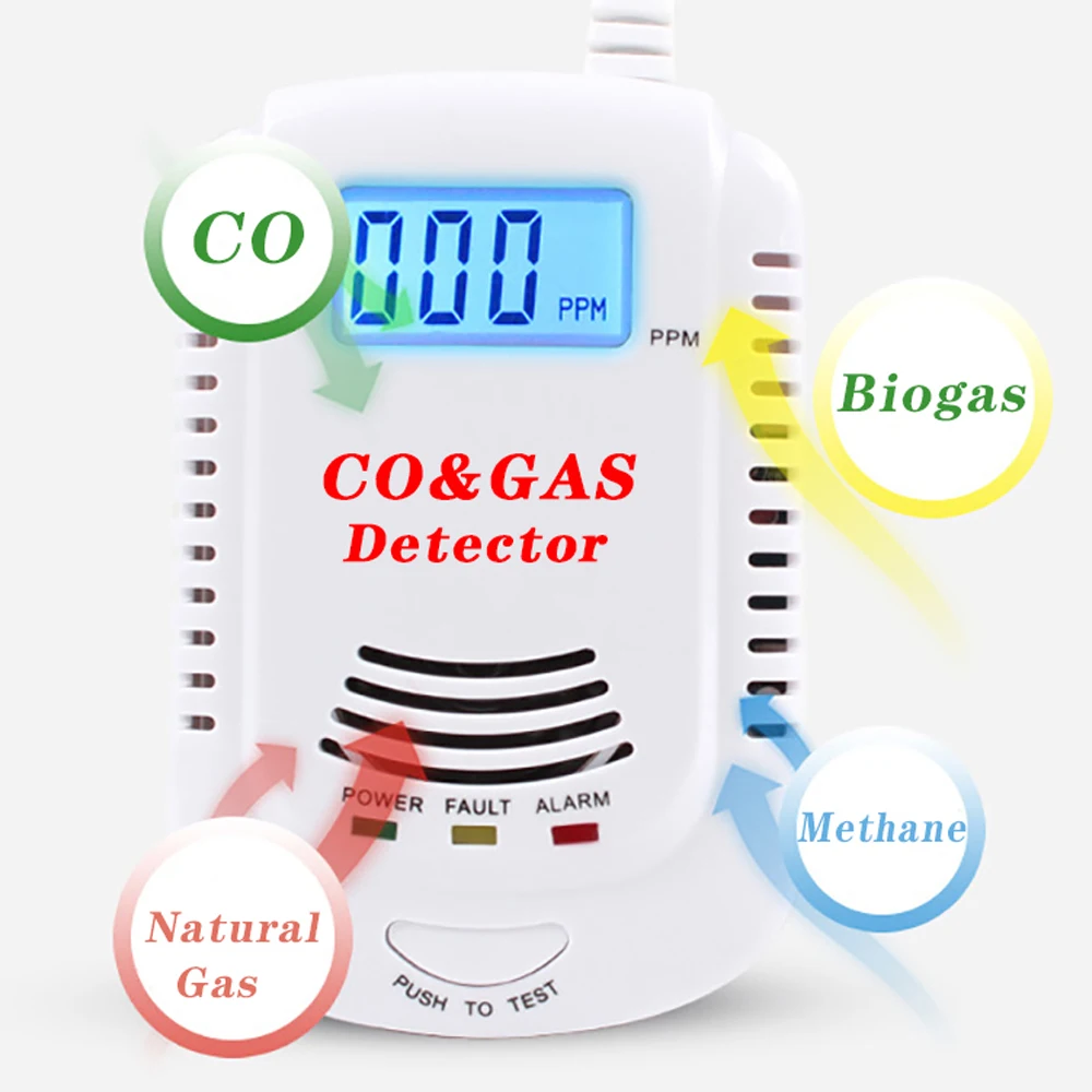 2 em 1 combustível detector de vazamento de gás natural sensor monóxido de carbono display lcd dois métodos de alimentação sistema alarme para casa