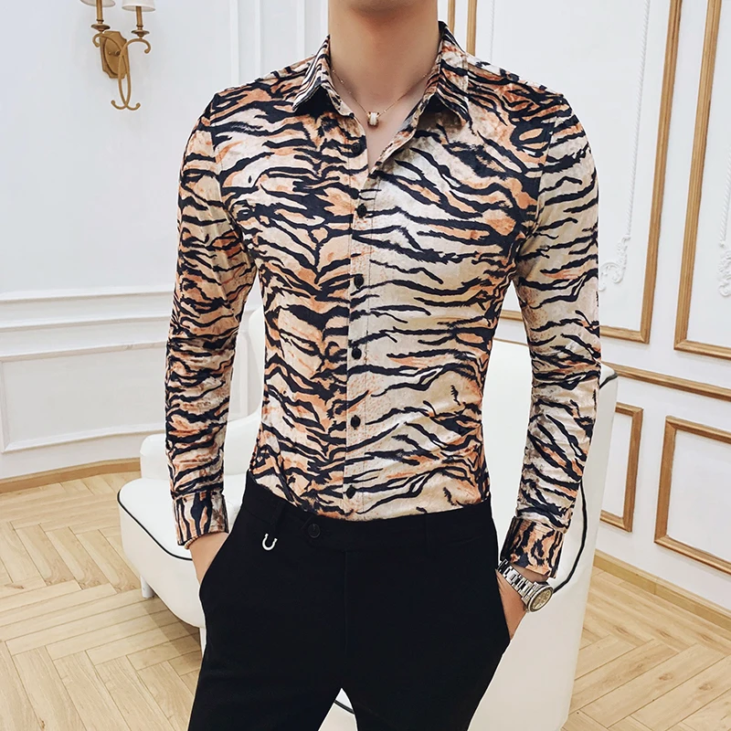 Keep Warm Velvet Personality Animal Print Long Sleeve Shirt Men Camisa Social Masculina Manga Longa Chemise Homme Manche Longue