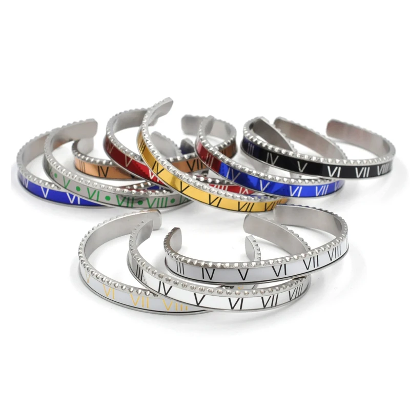 Classic Brand Enamel Bangles For Women Roman Numbers Bracelets Men Stainless Steel Fashion Charm Cuff Bangle Punk Jewelry