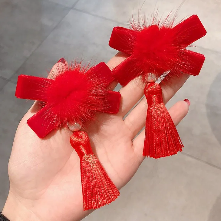 Chinese style children\'s new year kawaii Hair clips Cheongsam Hanfu Hair Accessories cosplay Hair Ball Hair Clip Pink Tassel