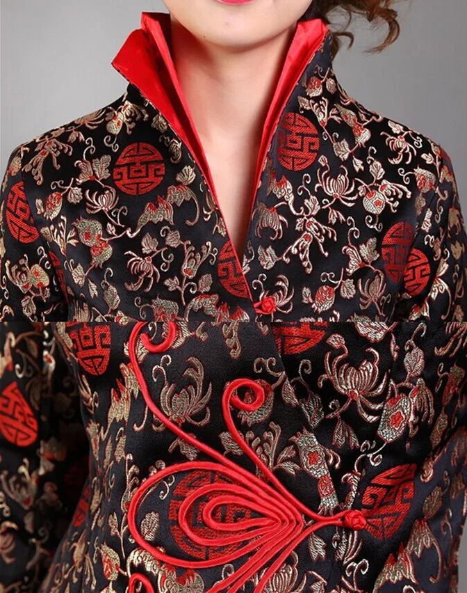 Red Silk Satin Jacket Coat Women Traditional Chinese Newbuckles Embroidery Flowers Clothes Classic Winter Garment Plus Size 3xl