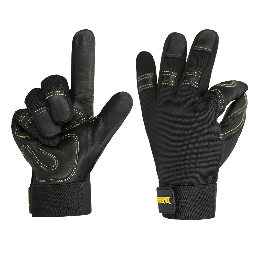 Black Work Gloves Men Gardening Motorcycle Cowhide Grain Leather Safety Working Glove Men&Women Olson Deepak