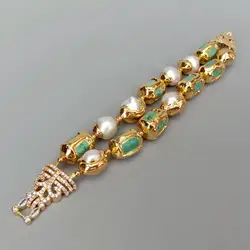KKGEM  Luxury style 13x20mm Green Turquoise nugget White Freshwater Pearl With Electroplated Edge Bracelet